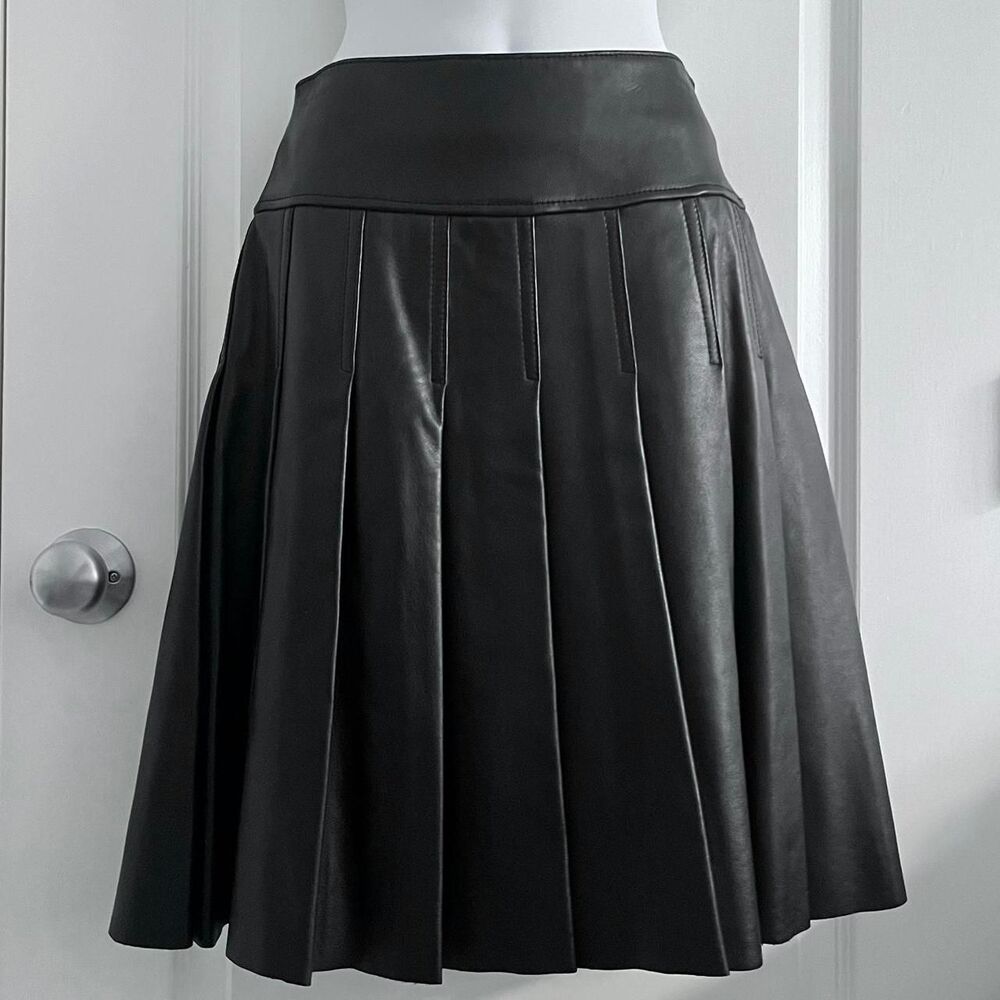 Arden B pleated black leather midi skirt